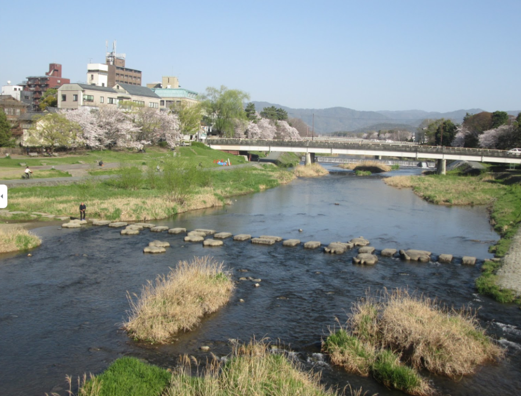 京都の鴨川の飛び石、名張川の黒田側から新町側に行くのにこんな飛び石があれば素敵です。